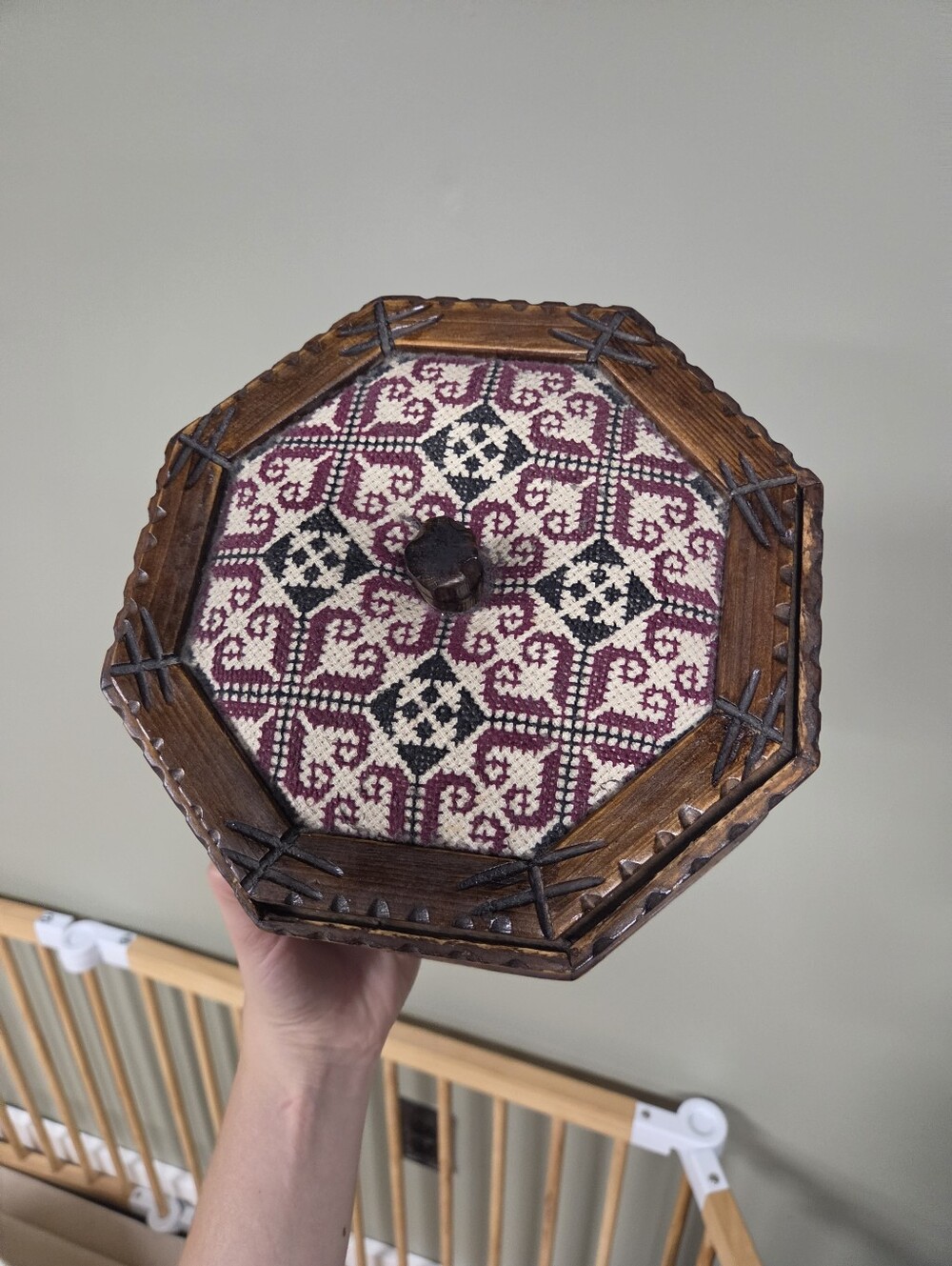 Vintage Octagonal Wooden Trinket Box Folk Art Cross Stitch Floral Geometric Boho - Picture 3 of 8